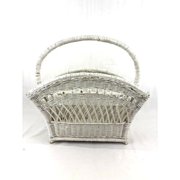Vintage White Wicker Magazine Basket Holder Wooden 19.5" 1960's Storage Rack - Picture 8 of 16